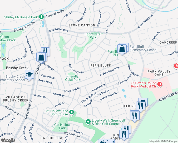 map of restaurants, bars, coffee shops, grocery stores, and more near 17512 Klamath Falls Drive in Round Rock