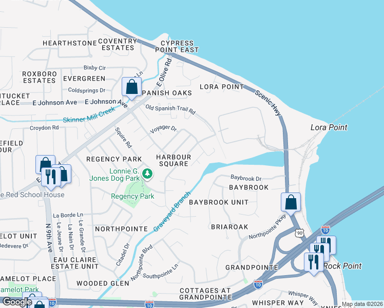 map of restaurants, bars, coffee shops, grocery stores, and more near 4757 Tradewinds Drive in Pensacola