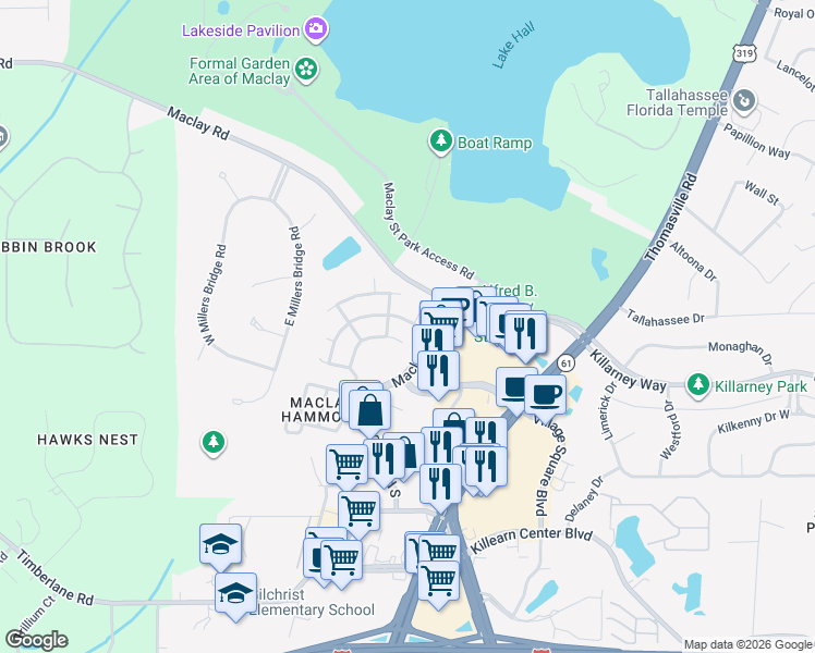 map of restaurants, bars, coffee shops, grocery stores, and more near 1365 Old Village Road in Tallahassee