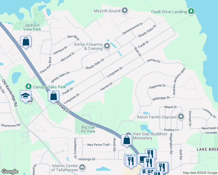 map of restaurants, bars, coffee shops, grocery stores, and more near 2049 Harriet Drive in Tallahassee