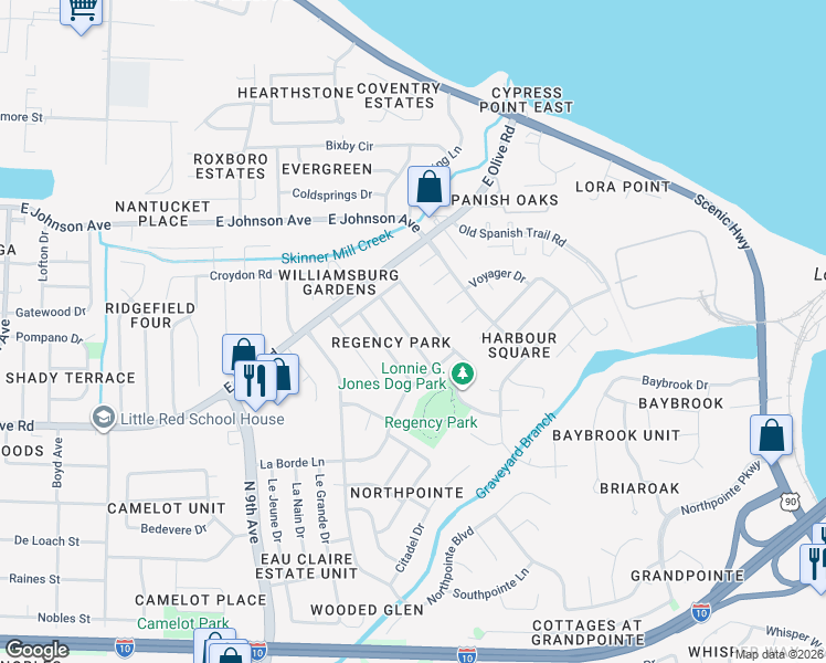 map of restaurants, bars, coffee shops, grocery stores, and more near 8226 Emperor Road in Pensacola