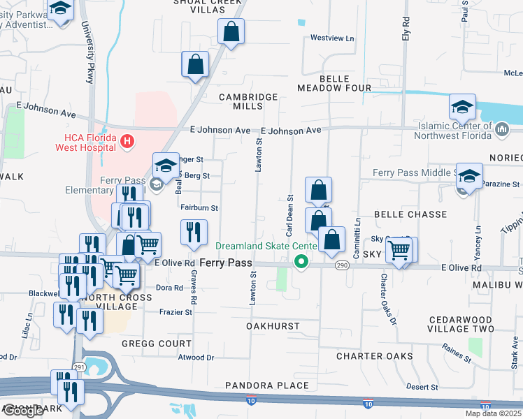 map of restaurants, bars, coffee shops, grocery stores, and more near 8232 Lawton Street in Pensacola