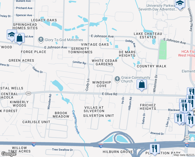 map of restaurants, bars, coffee shops, grocery stores, and more near 8154 Heirloom Drive in Pensacola