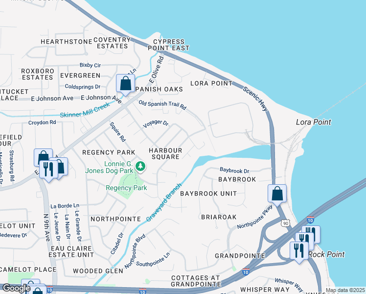 map of restaurants, bars, coffee shops, grocery stores, and more near 4757 Tradewinds Drive in Pensacola