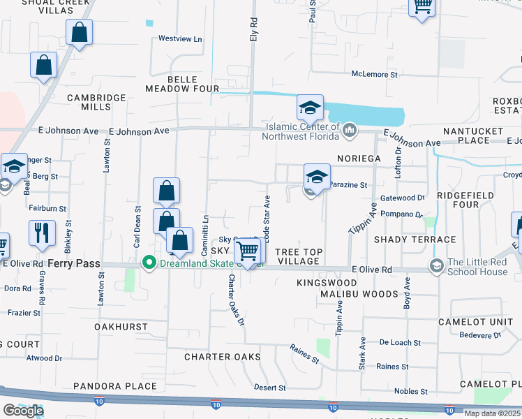 map of restaurants, bars, coffee shops, grocery stores, and more near 8219 Lode Star Avenue in Pensacola