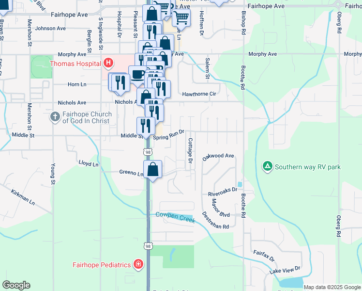 map of restaurants, bars, coffee shops, grocery stores, and more near 50 Spring Run Drive in Fairhope