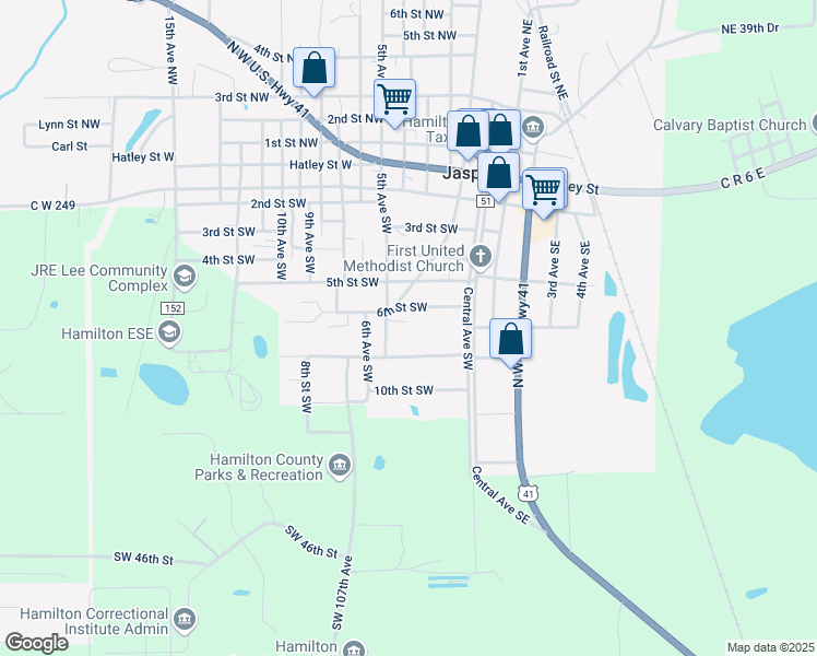map of restaurants, bars, coffee shops, grocery stores, and more near 128 7th Street Southwest in Jasper