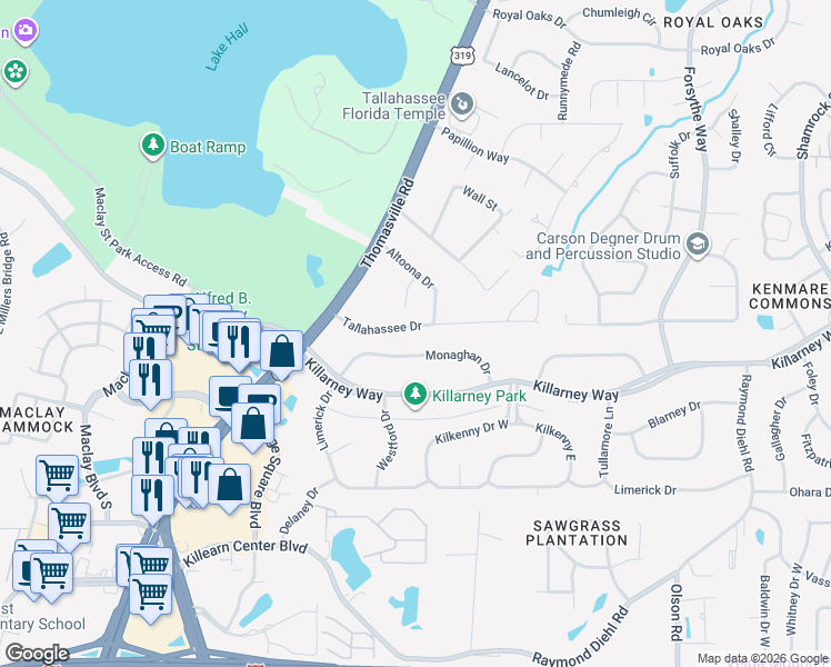 map of restaurants, bars, coffee shops, grocery stores, and more near 2215 Tallahassee Drive in Tallahassee