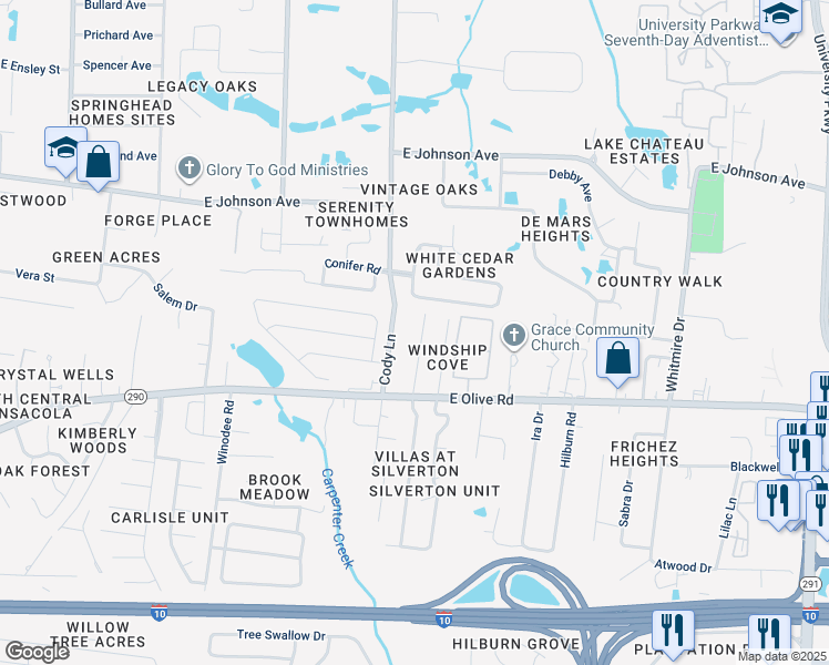 map of restaurants, bars, coffee shops, grocery stores, and more near 8171 Stonebrook Drive in Pensacola
