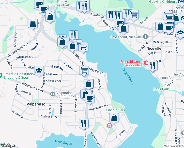map of restaurants, bars, coffee shops, grocery stores, and more near 270 Edge Avenue in Valparaiso