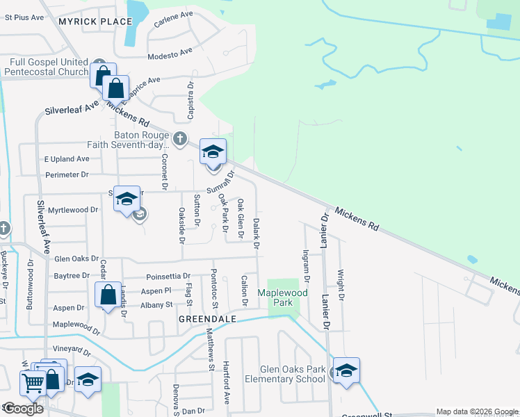 map of restaurants, bars, coffee shops, grocery stores, and more near 7907 Oak Apple Avenue in Baton Rouge