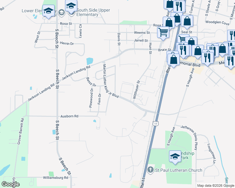 map of restaurants, bars, coffee shops, grocery stores, and more near 1121 Martin Luther King Junior Boulevard in Picayune