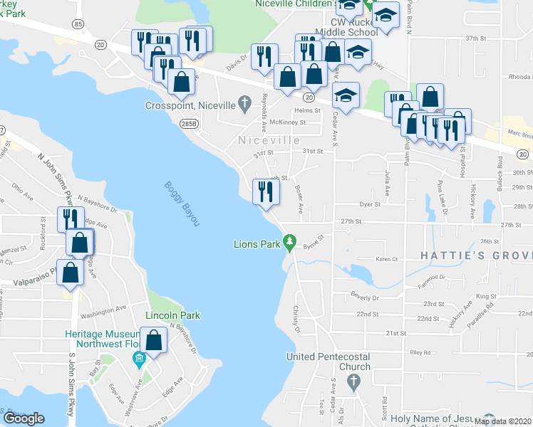 map of restaurants, bars, coffee shops, grocery stores, and more near 821 Bayshore Drive in Niceville