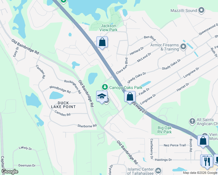 map of restaurants, bars, coffee shops, grocery stores, and more near 3160 Layla Street in Tallahassee