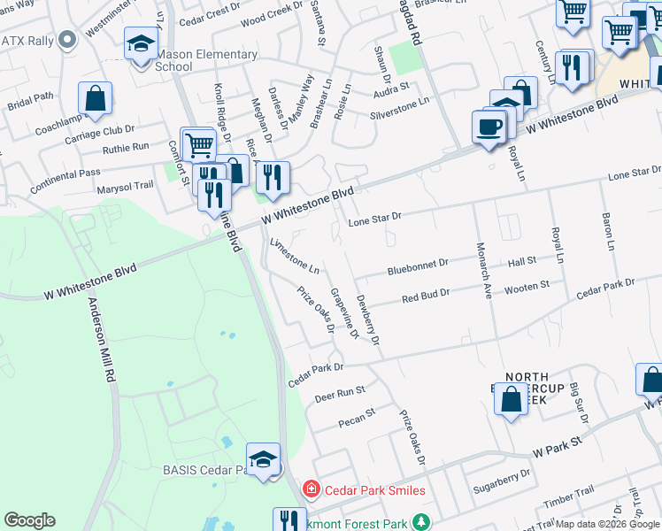 map of restaurants, bars, coffee shops, grocery stores, and more near 806 Grapevine Drive in Cedar Park