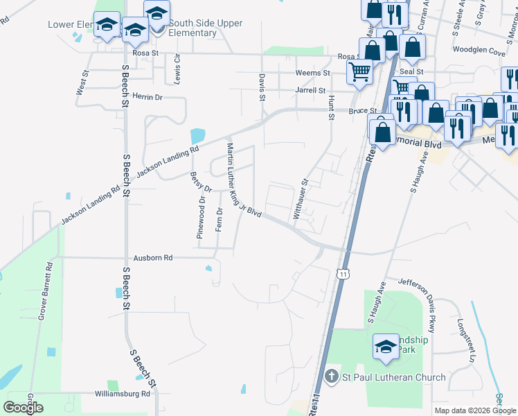 map of restaurants, bars, coffee shops, grocery stores, and more near 1121 Martin Luther King Junior Boulevard in Picayune