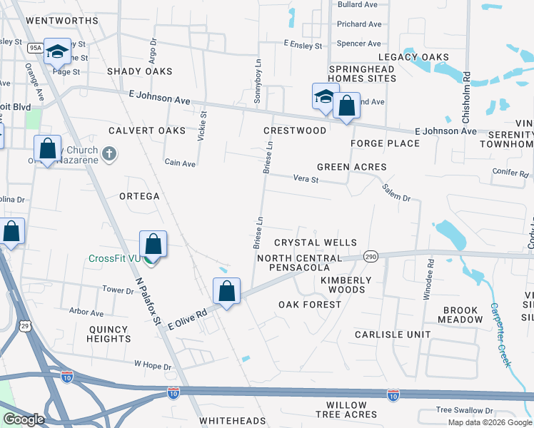 map of restaurants, bars, coffee shops, grocery stores, and more near 8246 Briese Lane in Pensacola