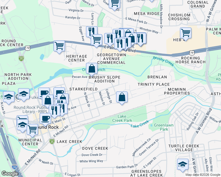 map of restaurants, bars, coffee shops, grocery stores, and more near 1003 East Austin Avenue in Round Rock