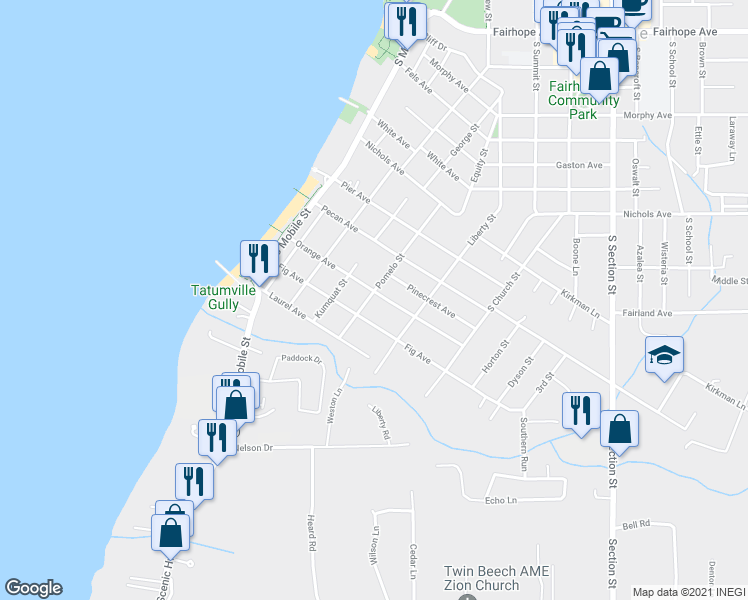map of restaurants, bars, coffee shops, grocery stores, and more near 150 Orange Avenue in Fairhope