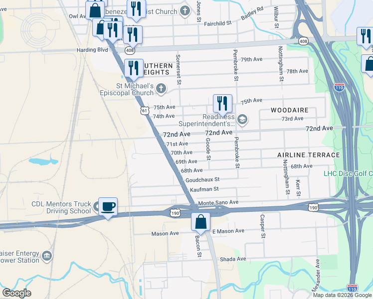 map of restaurants, bars, coffee shops, grocery stores, and more near 1909 70th Avenue in Baton Rouge