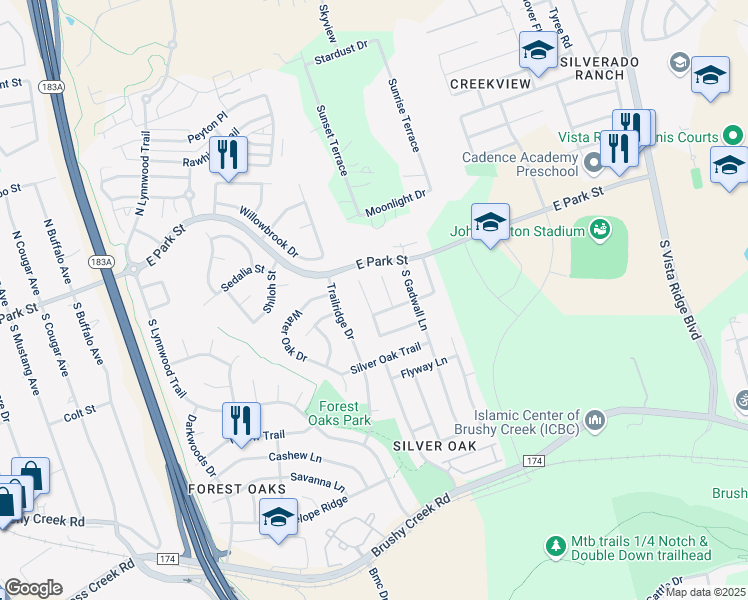 map of restaurants, bars, coffee shops, grocery stores, and more near 202 Muscovy Ln in Cedar Park