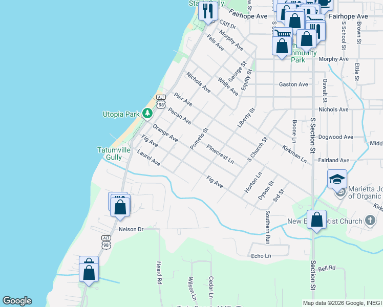 map of restaurants, bars, coffee shops, grocery stores, and more near 150 Orange Avenue in Fairhope