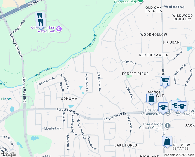 map of restaurants, bars, coffee shops, grocery stores, and more near 2716 Collingwood Drive in Round Rock