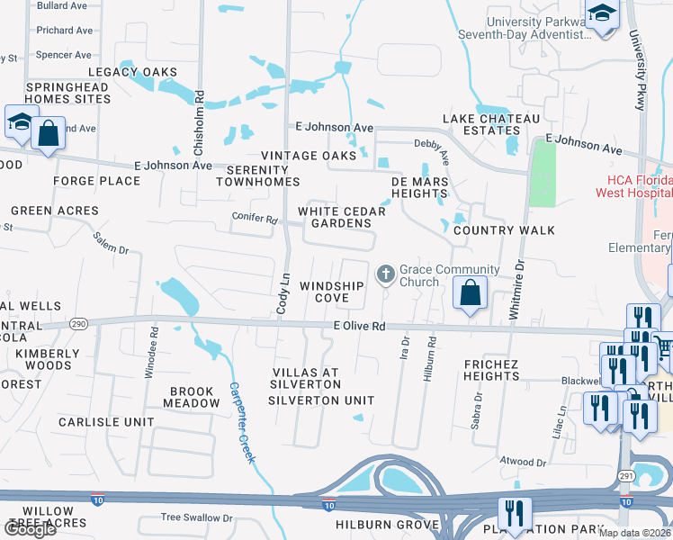 map of restaurants, bars, coffee shops, grocery stores, and more near 8154 Heirloom Drive in Pensacola