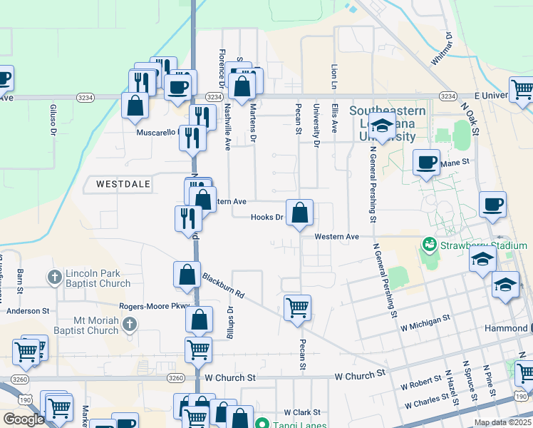 map of restaurants, bars, coffee shops, grocery stores, and more near 1308 Hooks Drive in Hammond