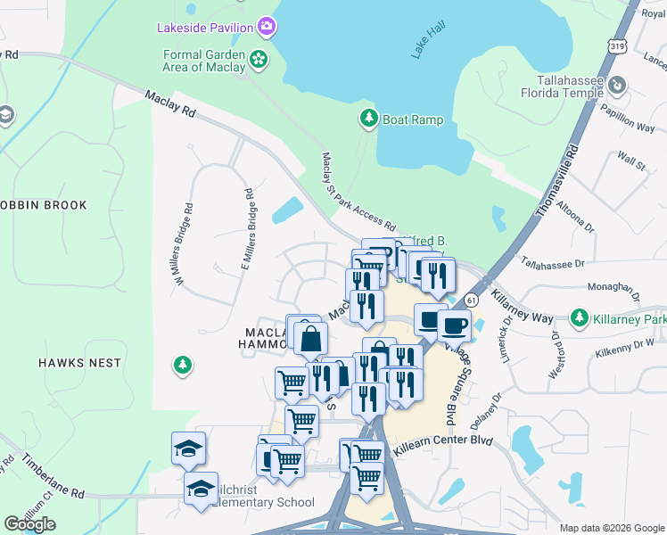 map of restaurants, bars, coffee shops, grocery stores, and more near 1365 Old Village Road in Tallahassee