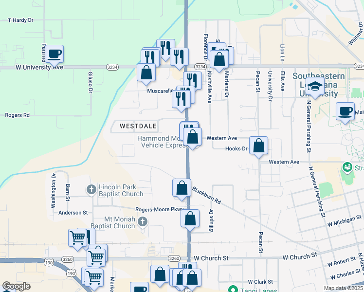 map of restaurants, bars, coffee shops, grocery stores, and more near 1301 North Morrison Boulevard in Hammond