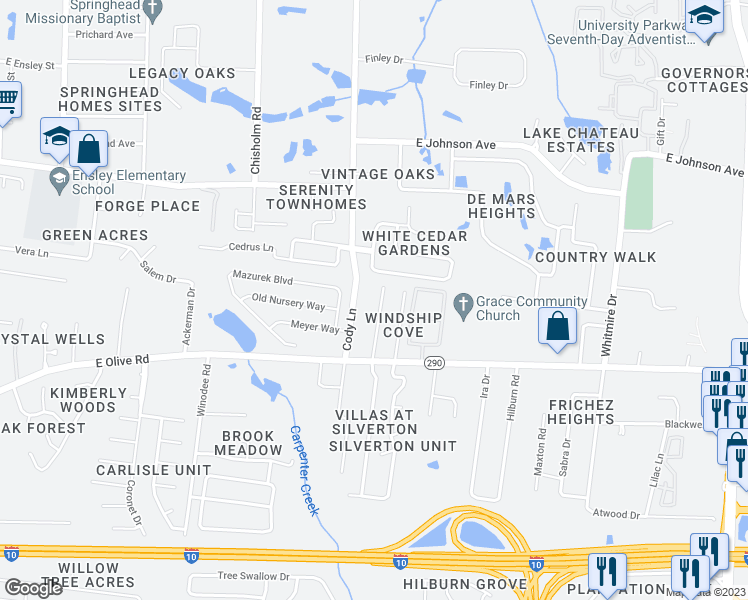 map of restaurants, bars, coffee shops, grocery stores, and more near 8175 Stonebrook Drive in Pensacola