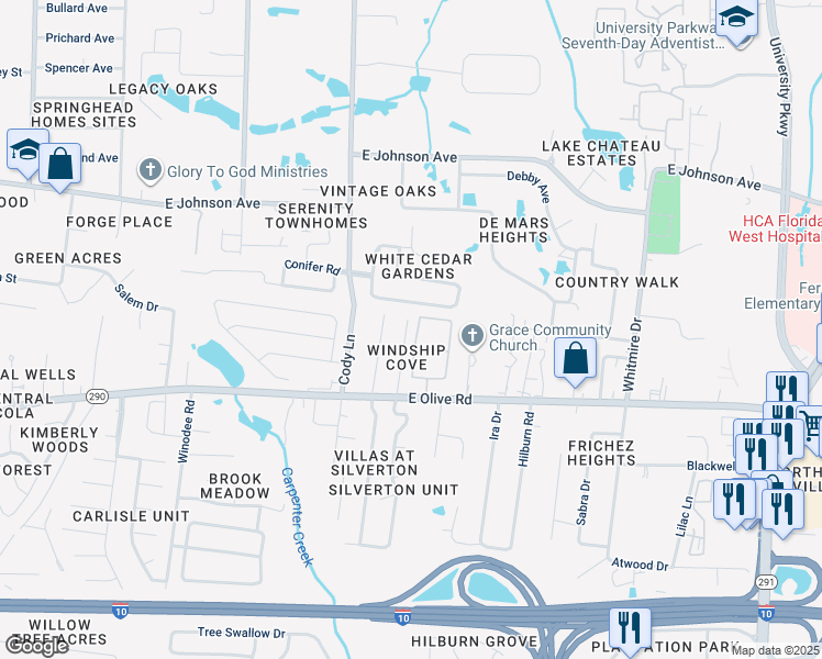 map of restaurants, bars, coffee shops, grocery stores, and more near 8158 Heirloom Drive in Pensacola