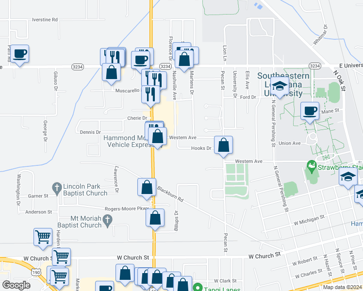 map of restaurants, bars, coffee shops, grocery stores, and more near 1414 Hooks Drive in Hammond