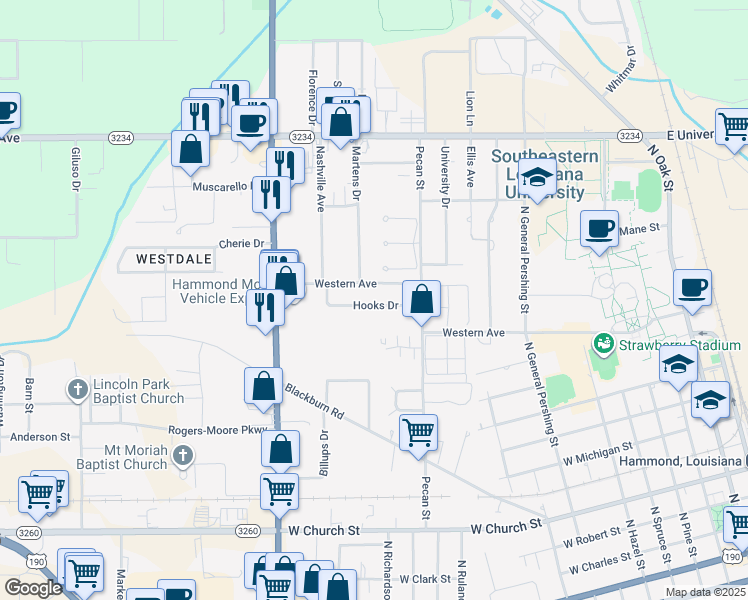 map of restaurants, bars, coffee shops, grocery stores, and more near 1308 Hooks Drive in Hammond