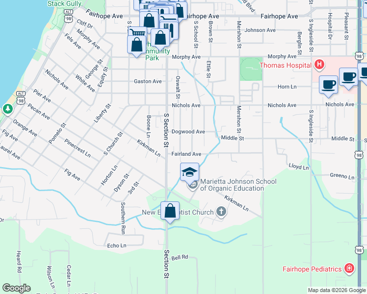map of restaurants, bars, coffee shops, grocery stores, and more near 413 Azalea Street in Fairhope