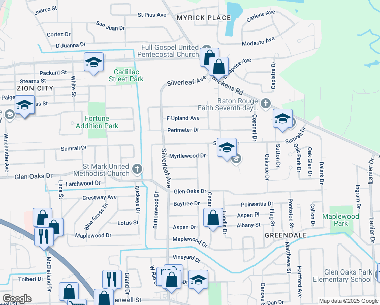 map of restaurants, bars, coffee shops, grocery stores, and more near 6757 Myrtlewood Drive in Baton Rouge