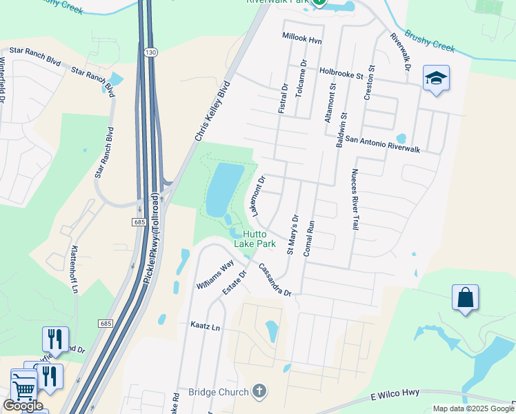 map of restaurants, bars, coffee shops, grocery stores, and more near 214 Lakemont Drive in Hutto