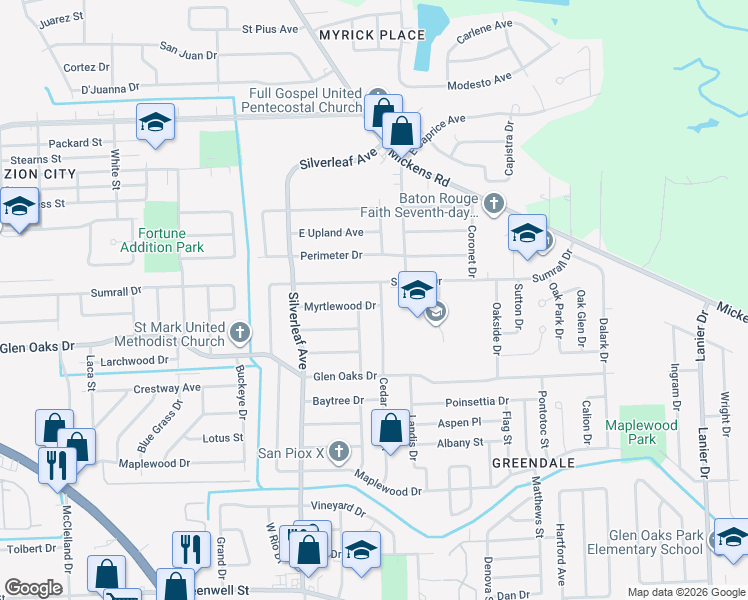map of restaurants, bars, coffee shops, grocery stores, and more near 6865 Myrtlewood Drive in Baton Rouge