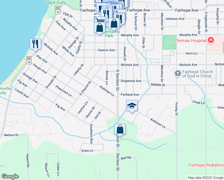 map of restaurants, bars, coffee shops, grocery stores, and more near 105 Kirkman Lane in Fairhope