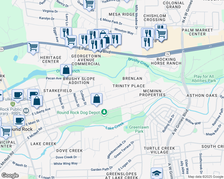 map of restaurants, bars, coffee shops, grocery stores, and more near 1400 Circle Drive in Round Rock