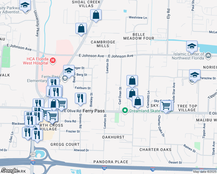 map of restaurants, bars, coffee shops, grocery stores, and more near 8232 Lawton Street in Pensacola