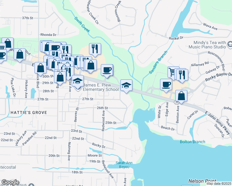 map of restaurants, bars, coffee shops, grocery stores, and more near 1405 John Sims Parkway in Niceville