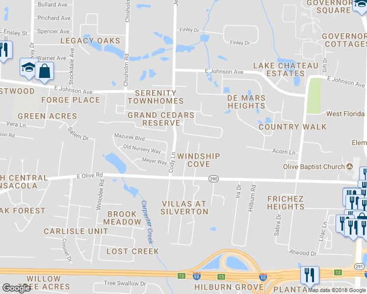 map of restaurants, bars, coffee shops, grocery stores, and more near 8177 Stonebrook Drive in Pensacola