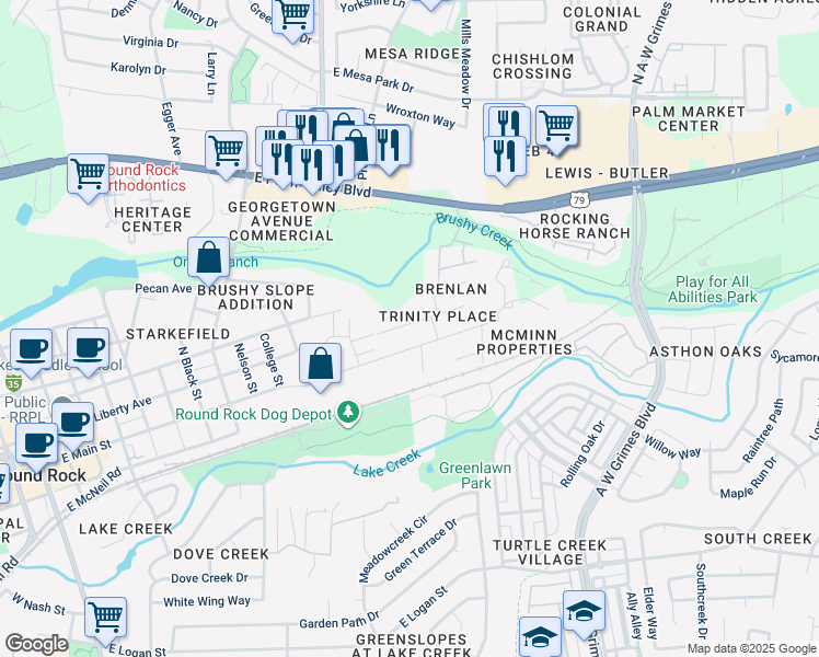map of restaurants, bars, coffee shops, grocery stores, and more near 1405 Circle Drive in Round Rock