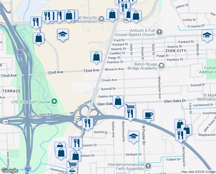 map of restaurants, bars, coffee shops, grocery stores, and more near 4512 Sumrall Drive in Baton Rouge