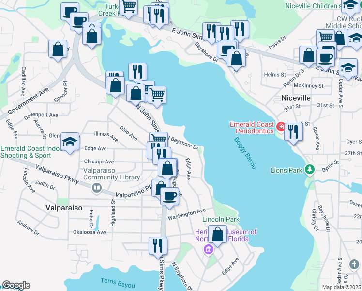 map of restaurants, bars, coffee shops, grocery stores, and more near 1285 North Bayshore Drive in Valparaiso
