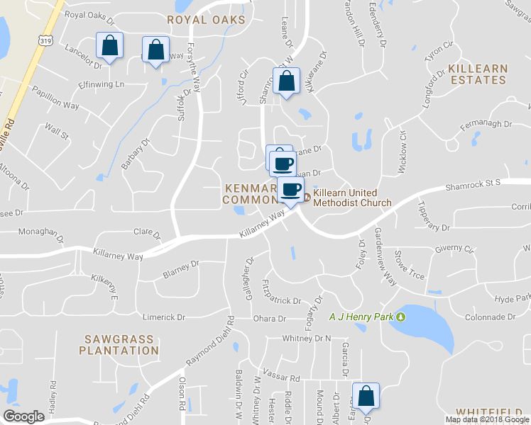 map of restaurants, bars, coffee shops, grocery stores, and more near 3538 Killarney Plaza Drive in Tallahassee