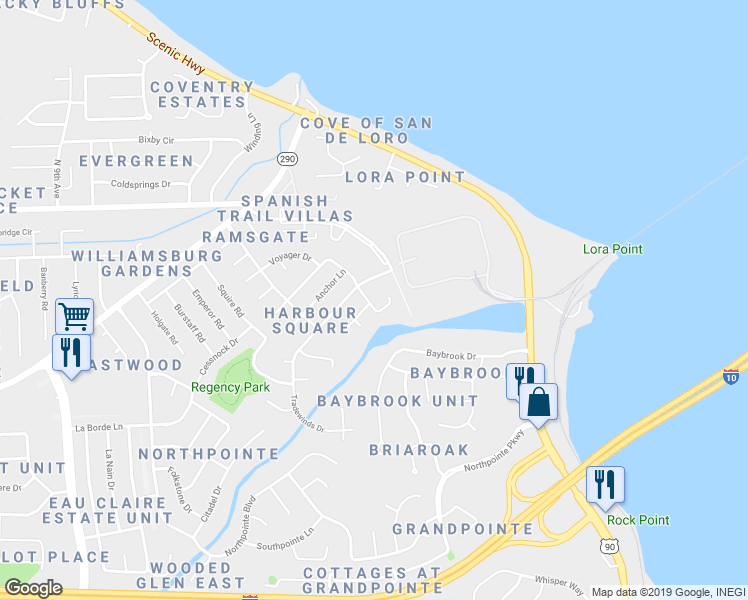 map of restaurants, bars, coffee shops, grocery stores, and more near 4931 Yacht Harbor Drive in Pensacola