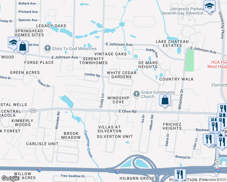 map of restaurants, bars, coffee shops, grocery stores, and more near 8154 Heirloom Drive in Pensacola